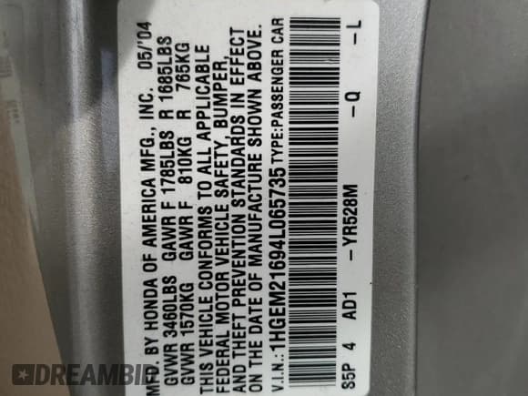 ✅ 2004 Honda Civic • VIN: 1HGEM21694L065735 • Lot: 46882555. Wystawiony na Copart z przebiegiem 164 520 mil. Bezpłatny archiwum sprzedaży aukcyjnych z USA i szczegółowy raport historii pojazdu na DreamBid. Zdjęcie 12.