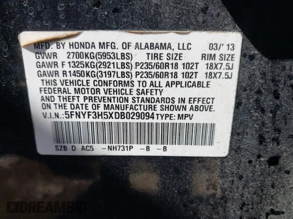 ✅ 2013 Honda Pilot EX-L • VIN: 5FNYF3H5XDB029094 • Лот: 42074525. Опубликован ранее на IAAI с пробегом 185 390 миль. Бесплатный доступ к архиву аукционных продаж из США и подробный отчёт об истории автомобиля на DreamBid. Изображение 9.