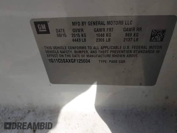 2016 Chevrolet Malibu LT with VIN 1G11C5SAXGF125604, listed as a IAAI auction lot 43512822 with 191,306 mi miles and . Bid and sale history available at DreamBid. Image 9.