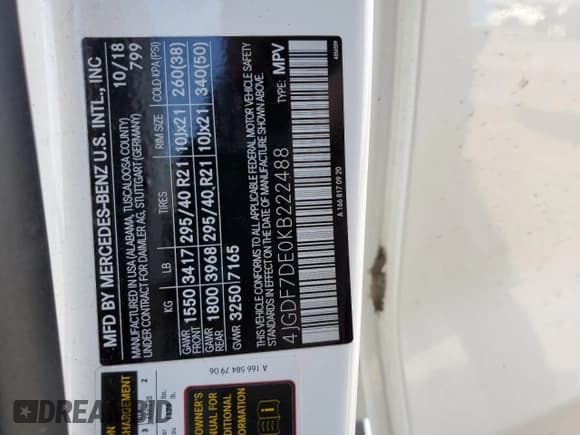 ✅ 2019 Mercedes-Benz GLS 550 • VIN: 4JGDF7DE0KB222488 • Lot: 44737695. Listed on Copart with 86,977 mi. Free auction sales archive from the USA and detailed vehicle history report at DreamBid. Image 13.