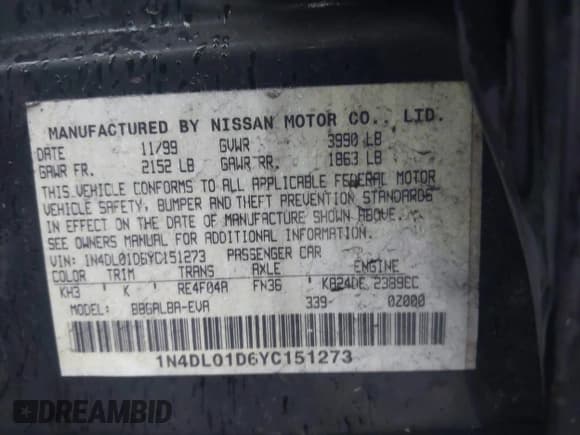 ✅ 2000 Nissan Altima XE • VIN: 1N4DL01D6YC151273 • Lot: 43434063. Wystawiony na IAAI z przebiegiem 121 993 mil. Bezpłatny archiwum sprzedaży aukcyjnych z USA i szczegółowy raport historii pojazdu na DreamBid. Zdjęcie 9.