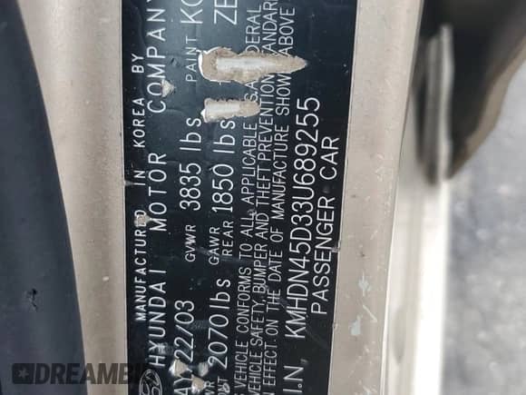 2003 Hyundai Elantra GLS with VIN KMHDN45D33U689255, listed as a Copart auction lot 81308734 with 196,405 mi miles and Non repairable. Bid and sale history available at DreamBid. Image 12.