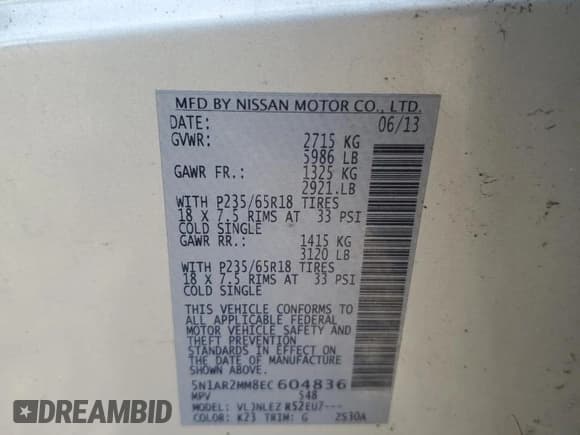 ✅ 2014 Nissan Pathfinder SV • VIN: 5N1AR2MM8EC604836 • Lot: 58295335. Listed on Copart with 90,578 mi. Free auction sales archive from the USA and detailed vehicle history report at DreamBid. Image 13.