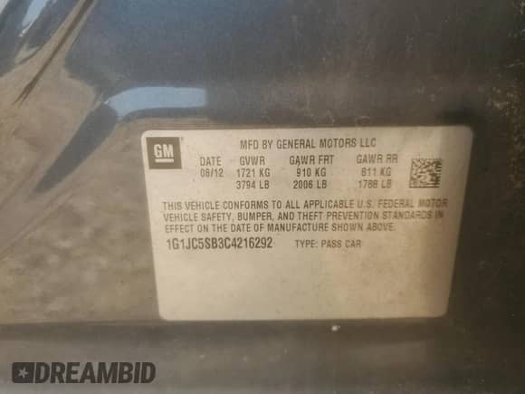 2012 Chevrolet Sonic LT z VIN 1G1JC5SB3C4216292, wystawiony jako Copart lot #57061465 z przebiegiem 56 675 mil mil oraz Szkoda całkowita • Salvage title. Historia ofert i sprzedaży dostępna na DreamBid. Obrazek 13.