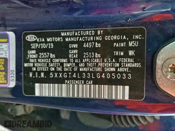 ✅ 2020 Kia Optima S • VIN: 5XXGT4L33LG405033 • Lot: 93946045. Listed on Copart with 84,846 mi. Free auction sales archive from the USA and detailed vehicle history report at DreamBid. Image 12.