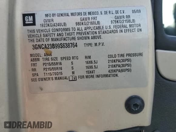 ✅ 2009 Chevrolet HHR 1LT • VIN: 3GNCA23B99S638764 • Lot: 45780175. Listed on Copart with 117,985 mi. Free auction sales archive from the USA and detailed vehicle history report at DreamBid. Image 14.