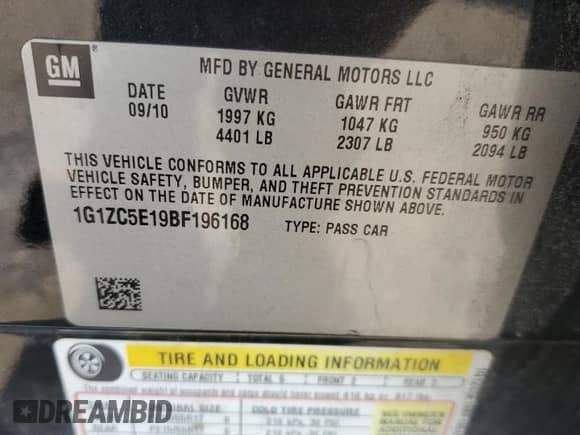 ✅ 2011 Chevrolet Malibu 1LT • VIN: 1G1ZC5E19BF196168 • Lot: 81448135. Listed on Copart with 148,027 mi. Free auction sales archive from the USA and detailed vehicle history report at DreamBid. Image 12.