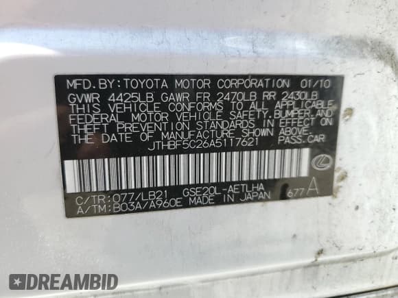 ✅ 2010 Lexus IS 250 • VIN: JTHBF5C26A5117621 • Lot: 60570975. Listed on Copart with 215,809 mi. Free auction sales archive from the USA and detailed vehicle history report at DreamBid. Image 12.