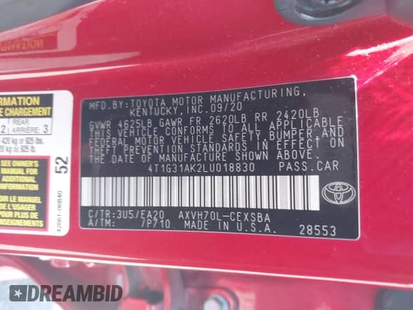 2020 Toyota Camry Hybrid SE с VIN 4T1G31AK2LU018830, выставлен на аукционе IAAI как лот 42866835 с пробегом 232 882 миль миль и . История ставок и продаж доступна на DreamBid. Изображение 9.