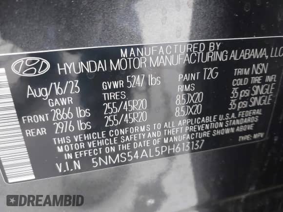 2023 Hyundai Santa Fe Calligraphy with VIN 5NMS54AL5PH613137, listed as a IAAI auction lot 43221208 with 28,585 mi miles and . Bid and sale history available at DreamBid. Image 9.