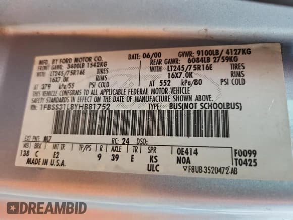 ✅ 2000 Ford Econoline Passenger XL • VIN: 1FBSS31L8YHB81752 • Lot: 92391515. Listed on Copart with 166,440 mi. Free auction sales archive from the USA and detailed vehicle history report at DreamBid. Image 13.