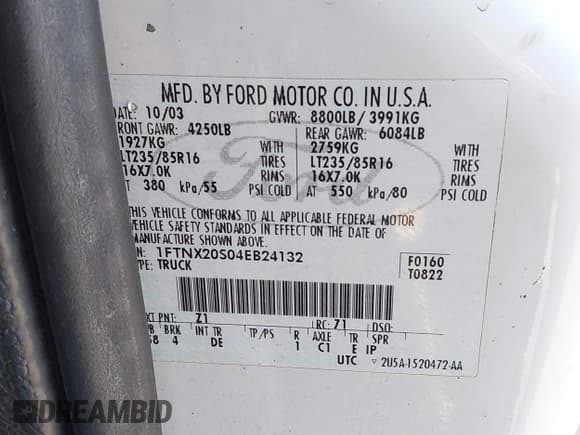 ✅ 2004 Ford F-250 XL • VIN: 1FTNX20S04EB24132 • Лот: 42196078. Опубликован ранее на IAAI с пробегом 348 016 миль. Бесплатный доступ к архиву аукционных продаж из США и подробный отчёт об истории автомобиля на DreamBid. Изображение 9.