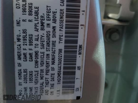 ✅ 2007 Honda Accord LX • VIN: 1HGCM56447A002798 • Lot: 86519025. Listed on Copart with 185,968 mi. Free auction sales archive from the USA and detailed vehicle history report at DreamBid. Image 12.