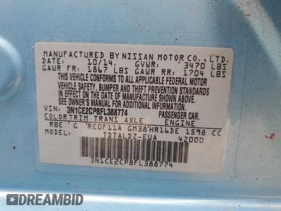 ✅ 2015 Nissan Note S • VIN: 3N1CE2CP8FL388774 • Lot: 60916835. Listed on Copart with 51,184 mi. Free auction sales archive from the USA and detailed vehicle history report at DreamBid. Image 13.