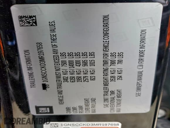 ✅ 2021 Chevrolet Suburban LT • VIN: 1GNSCCKD3MR197658 • Lot: 96084665. Listed on Copart with Not provided. Free auction sales archive from the USA and detailed vehicle history report at DreamBid. Image 13.