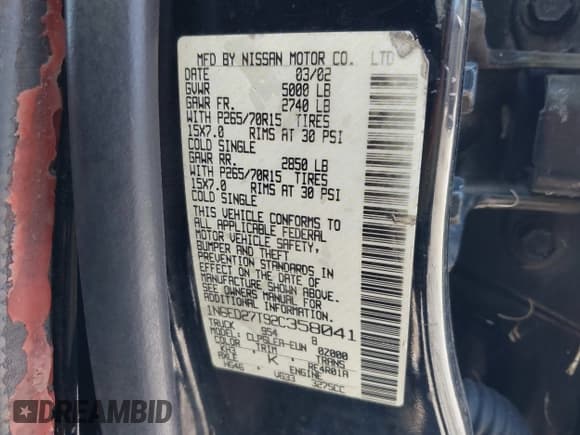 ✅ 2002 Nissan Frontier XE • VIN: 1N6ED27T92C358041 • Lot: 43719347. Listed on IAAI with Not provided. Free auction sales archive from the USA and detailed vehicle history report at DreamBid. Image 9.