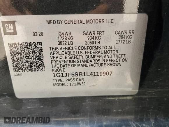 2020 Chevrolet Sonic Premier с VIN 1G1JF5SB1L4119907, выставлен на аукционе Copart как лот 71456144 с пробегом 56 601 миль миль и Списание • Salvage title. История ставок и продаж доступна на DreamBid. Изображение 12.