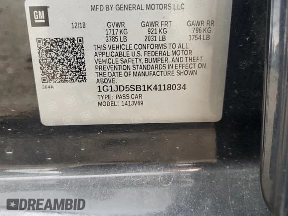 ✅ 2019 Chevrolet Sonic LT • VIN: 1G1JD5SB1K4118034 • Лот: 85716525. Опубликован ранее на Copart с пробегом 39 783 миль. Бесплатный доступ к архиву аукционных продаж из США и подробный отчёт об истории автомобиля на DreamBid. Изображение 12.