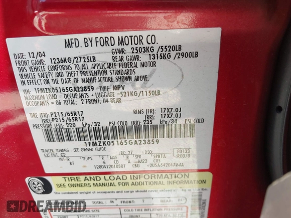 ✅ 2005 Ford Freestyle SEL • VIN: 1FMZK05165GA23859 • Лот: 42588477. Опубликован ранее на IAAI с пробегом 104 685 миль. Бесплатный доступ к архиву аукционных продаж из США и подробный отчёт об истории автомобиля на DreamBid. Изображение 9.