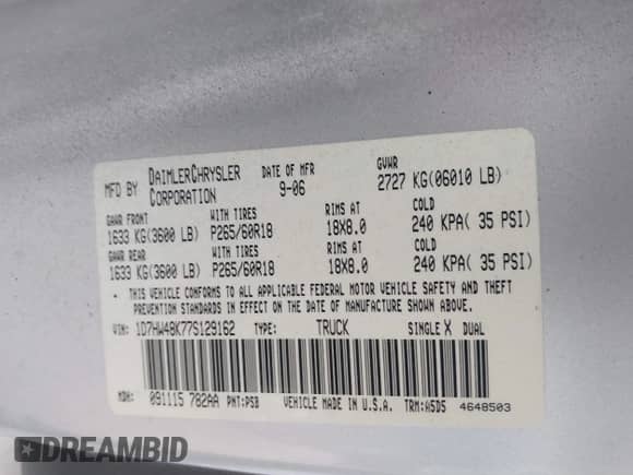 2007 Dodge Dakota SLT with VIN 1D7HW48K77S129162, listed as a IAAI auction lot 41842077 with 186,172 mi miles and . Bid and sale history available at DreamBid. Image 9.
