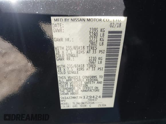 ✅ 2018 Nissan Murano SV • VIN: 5N1AZ2MH7JN129424 • Lot: 43532020. Listed on IAAI with 168,437 mi. Free auction sales archive from the USA and detailed vehicle history report at DreamBid. Image 9.