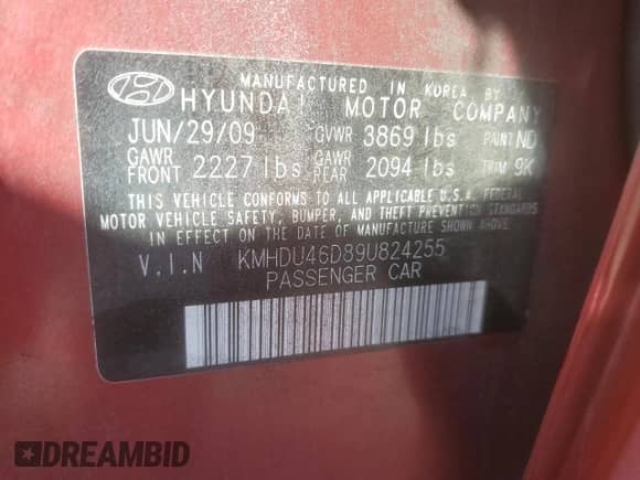 2009 Hyundai Elantra GLS с VIN KMHDU46D89U824255, выставлен на аукционе Copart как лот 81160255 с пробегом Не указан миль и Списание • Salvage title. История ставок и продаж доступна на DreamBid. Изображение 12.