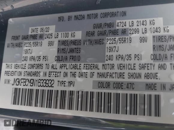 ✅ 2022 Mazda CX-5 S Carbon Edition • VIN: JM3KFBCM9N1633932 • Lot: 42246486. Listed on IAAI with 39,516 mi. Free auction sales archive from the USA and detailed vehicle history report at DreamBid. Image 9.