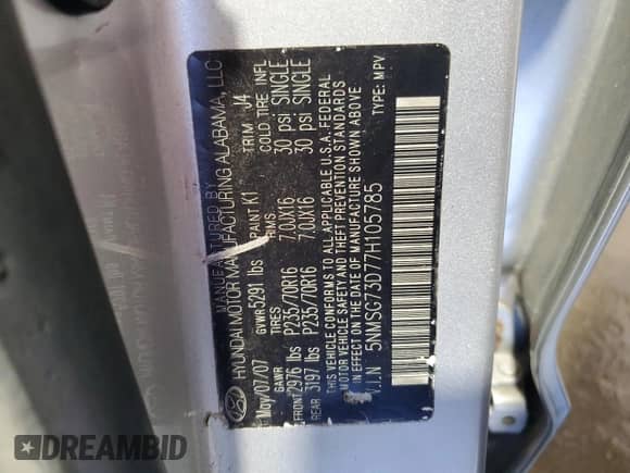 2007 Hyundai Santa Fe GLS с VIN 5NMSG73D77H105785, выставлен на аукционе Copart как лот 74605774 с пробегом 113 400 миль миль и Чистый • Clean title. История ставок и продаж доступна на DreamBid. Изображение 13.