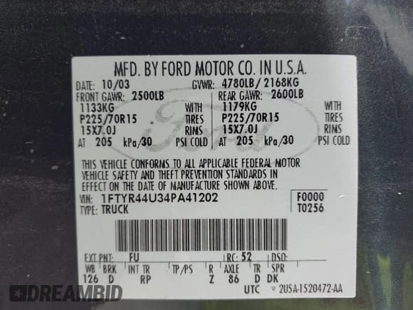 ✅ 2004 Ford Ranger XL Fleet • VIN: 1FTYR44U34PA41202 • Lot: 43400929. Listed on IAAI with 138,154 mi. Free auction sales archive from the USA and detailed vehicle history report at DreamBid. Image 9.