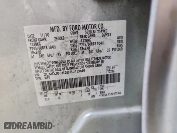 ✅ 2011 Lincoln MKX • VIN: 2LMDJ8JK3BBJ12046 • Lot: 94051965. Listed on Copart with 145,627 mi. Free auction sales archive from the USA and detailed vehicle history report at DreamBid. Image 13.