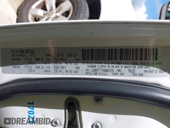 2017 Ram 1500 Big Horn with VIN 1C6RR7TT7HS807151, listed as a IAAI auction lot 40215639 with 128,380 mi miles and . Bid and sale history available at DreamBid. Image 9.