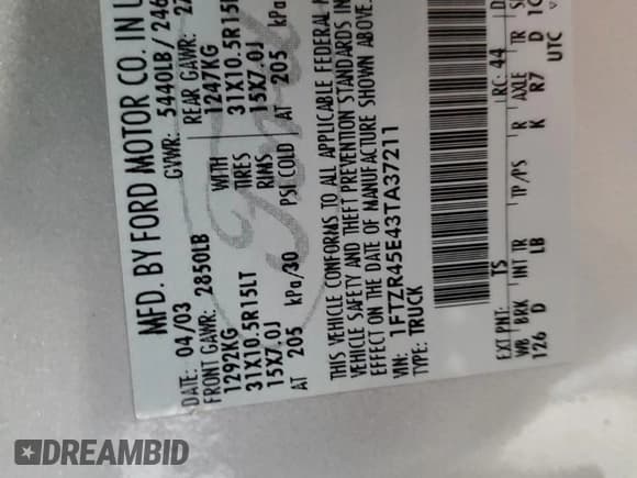 ✅ 2003 Ford Ranger XL Fleet • VIN: 1FTZR45E43TA37211 • Lot: 60520355. Listed on Copart with 122,503 mi. Free auction sales archive from the USA and detailed vehicle history report at DreamBid. Image 12.