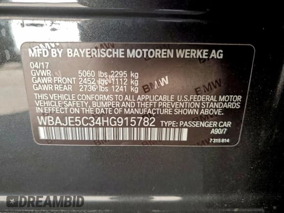 ✅ 2017 BMW 5 Series 540i • VIN: WBAJE5C34HG915782 • Lot: 94686195. Listed on Copart with 93,641 mi. Free auction sales archive from the USA and detailed vehicle history report at DreamBid. Image 12.