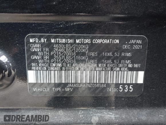 ✅ 2022 Mitsubishi Eclipse Cross ES • VIN: JA4ASUAA7NZ058584 • Lot: 42864446. Listed on IAAI with 138,336 mi. Free auction sales archive from the USA and detailed vehicle history report at DreamBid. Image 9.