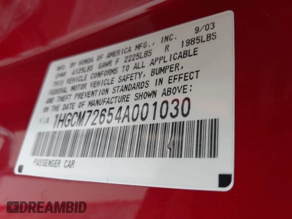 ✅ 2004 Honda Accord EX • VIN: 1HGCM72654A001030 • Lot: 42808331. Listed on IAAI with 156,370 mi. Free auction sales archive from the USA and detailed vehicle history report at DreamBid. Image 9.