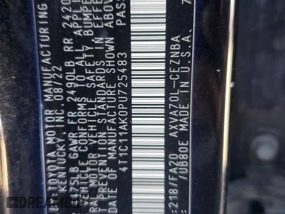 2023 Toyota Camry LE z VIN 4T1C11AK0PU725483, wystawiony jako Copart lot #71720255 z przebiegiem 76 231 mil mil oraz Szkoda całkowita • Salvage title. Historia ofert i sprzedaży dostępna na DreamBid. Obrazek 12.