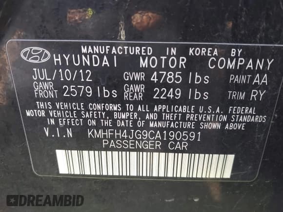 ✅ 2012 Hyundai Azera • VIN: KMHFH4JG9CA190591 • Lot: 43298490. Listed on IAAI with 88,525 mi. Free auction sales archive from the USA and detailed vehicle history report at DreamBid. Image 9.