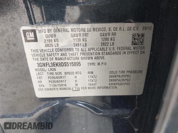 ✅ 2013 Chevrolet Captiva Sport LT • VIN: 3GNFL3EK8DS515895 • Lot: 41512549. Wystawiony na IAAI z przebiegiem 114 434 mil. Bezpłatny archiwum sprzedaży aukcyjnych z USA i szczegółowy raport historii pojazdu na DreamBid. Zdjęcie 9.
