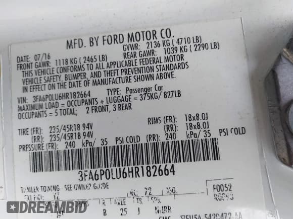 ✅ 2017 Ford Fusion Hybrid SE • VIN: 3FA6P0LU6HR182664 • Lot: 43542611. Listed on IAAI with 118,527 mi. Free auction sales archive from the USA and detailed vehicle history report at DreamBid. Image 9.