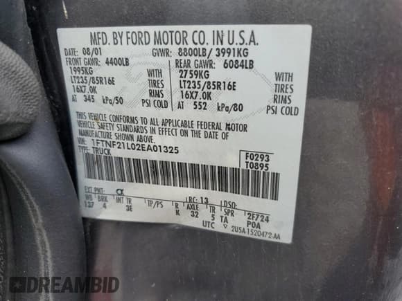 ✅ 2002 Ford F-250 XL • VIN: 1FTNF21L02EA01325 • Lot: 87369205. Listed on Copart with 168,529 mi. Free auction sales archive from the USA and detailed vehicle history report at DreamBid. Image 12.