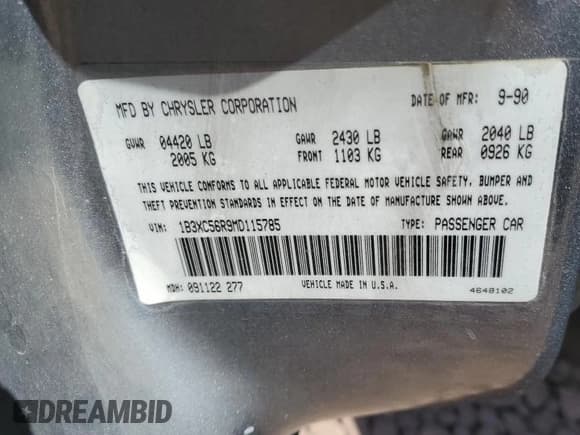 ✅ 1991 Dodge Dynasty LE • VIN: 1B3XC56R9MD115785 • Lot: 48073715. Listed on Copart with 64,483 mi. Free auction sales archive from the USA and detailed vehicle history report at DreamBid. Image 12.