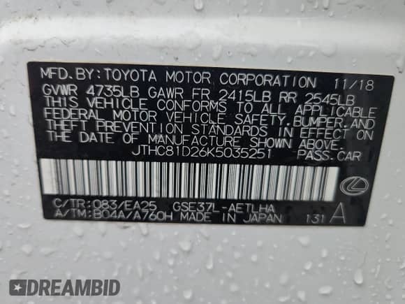 2019 Lexus IS 300 F Sport с VIN JTHC81D26K5035251, выставлен на аукционе Copart как лот 85595135 с пробегом 21 336 миль миль и Списание • Salvage title. История ставок и продаж доступна на DreamBid. Изображение 13.