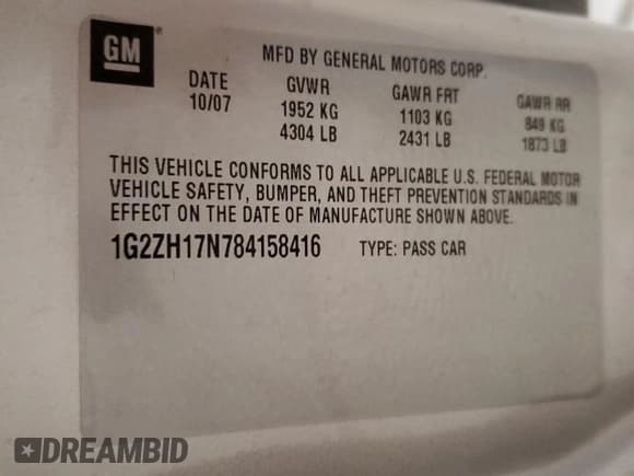 ✅ 2008 Pontiac G6 GT • VIN: 1G2ZH17N784158416 • Lot: 54574685. Listed on Copart with 255,495 mi. Free auction sales archive from the USA and detailed vehicle history report at DreamBid. Image 12.