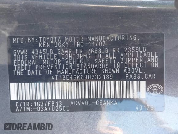 ✅ 2008 Toyota Camry • VIN: 4T1BE46K68U232189 • Лот: 43775992. Опубликован ранее на IAAI с пробегом 205 160 миль. Бесплатный доступ к архиву аукционных продаж из США и подробный отчёт об истории автомобиля на DreamBid. Изображение 9.