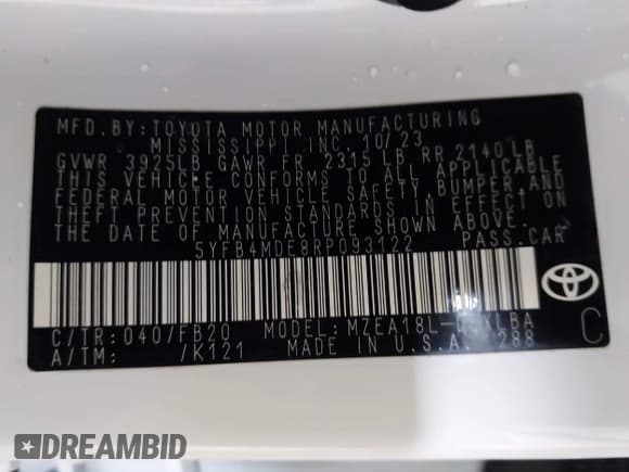 ✅ 2024 Toyota Corolla LE • VIN: 5YFB4MDE8RP093122 • Lot: 43485552. Listed on IAAI with 16,693 mi. Free auction sales archive from the USA and detailed vehicle history report at DreamBid. Image 9.