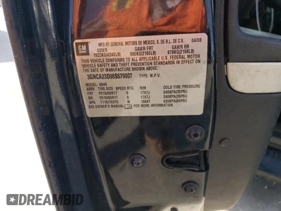 ✅ 2008 Chevrolet HHR LT • VIN: 3GNCA23D98S679007 • Lot: 43424065. Listed on Copart with 245,190 mi. Free auction sales archive from the USA and detailed vehicle history report at DreamBid. Image 14.