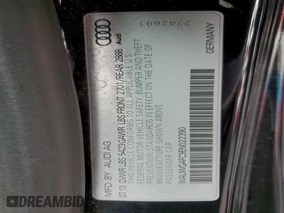 ✅ 2014 Audi A7 Premium Plus • VIN: WAUWGAFC9EN022390 • Lot: 95792745. Listed on Copart with Not provided. Free auction sales archive from the USA and detailed vehicle history report at DreamBid. Image 13.