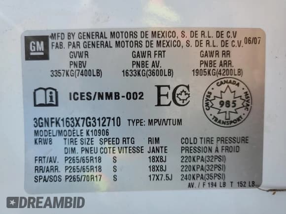 ✅ 2007 Chevrolet Suburban LT • VIN: 3GNFK163X7G312710 • Lot: 63247475. Listed on Copart with 394,423 mi. Free auction sales archive from the USA and detailed vehicle history report at DreamBid. Image 12.