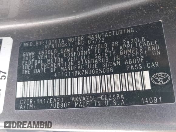 2022 Toyota Camry SE с VIN 4T1G11BK7NU065066, выставлен на аукционе IAAI как лот 43123616 с пробегом 37 526 миль миль и . История ставок и продаж доступна на DreamBid. Изображение 9.