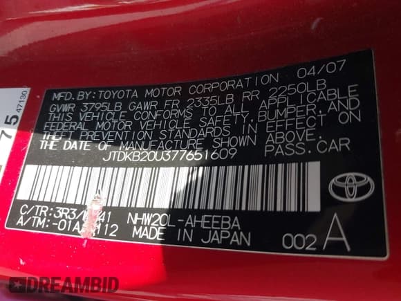 ✅ 2007 Toyota Prius • VIN: JTDKB20U377651609 • Lot: 43867942. Listed on IAAI with 155,710 mi. Free auction sales archive from the USA and detailed vehicle history report at DreamBid. Image 9.